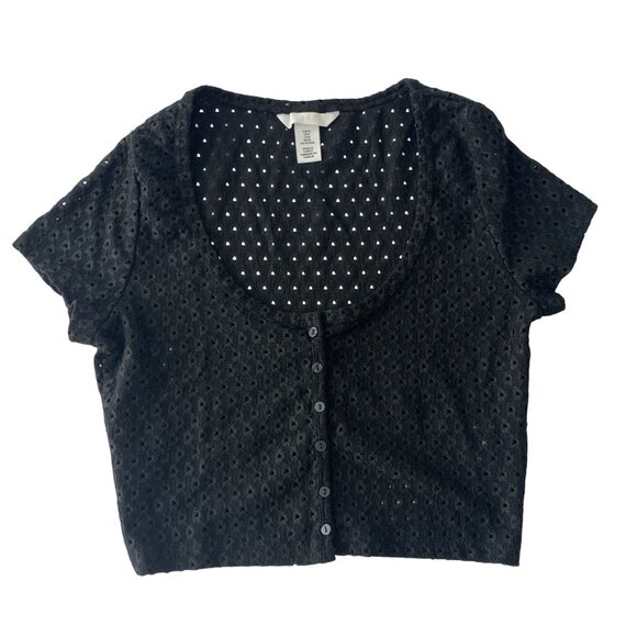 H&M Women's Crotchet Eyelet Cropped Short Sleeve Top Black Size M - Picture 1 of 6